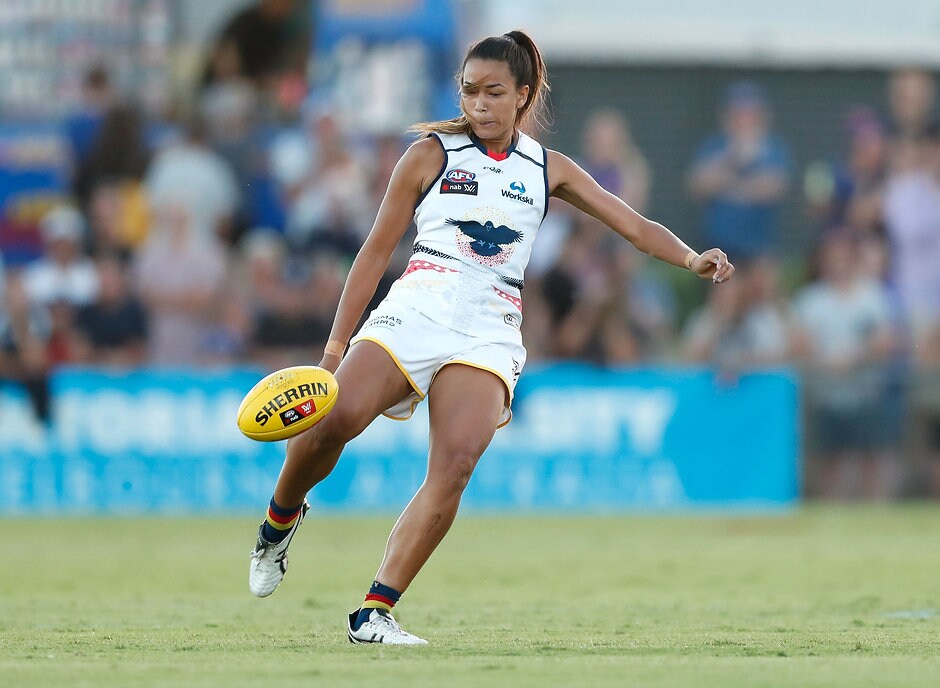 AFLW 2017 Rd 02 - Western Bulldogs v Adelaide MELBOURNE, AUSTRALIA - FEBRUARY 10: Tayla Thorn of the Crows kicks the ball during the 2017 AFLW Round 02 match between the Western Bulldogs and the Adelaide Crows at VU Whitten Oval on February 10, 2017 in Melbourne, Australia. (Photo by Adam Trafford/AFL Media)